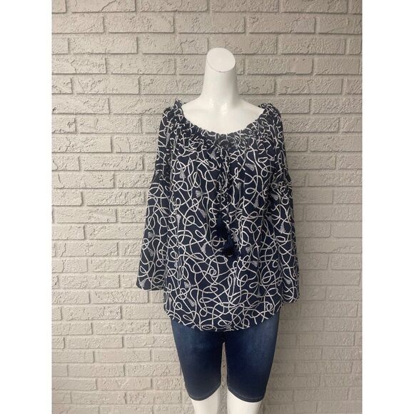 Michael Kors Tops - Michael Kors Women Navy Blue White Rope Print Off Shoulder Blouse Size L